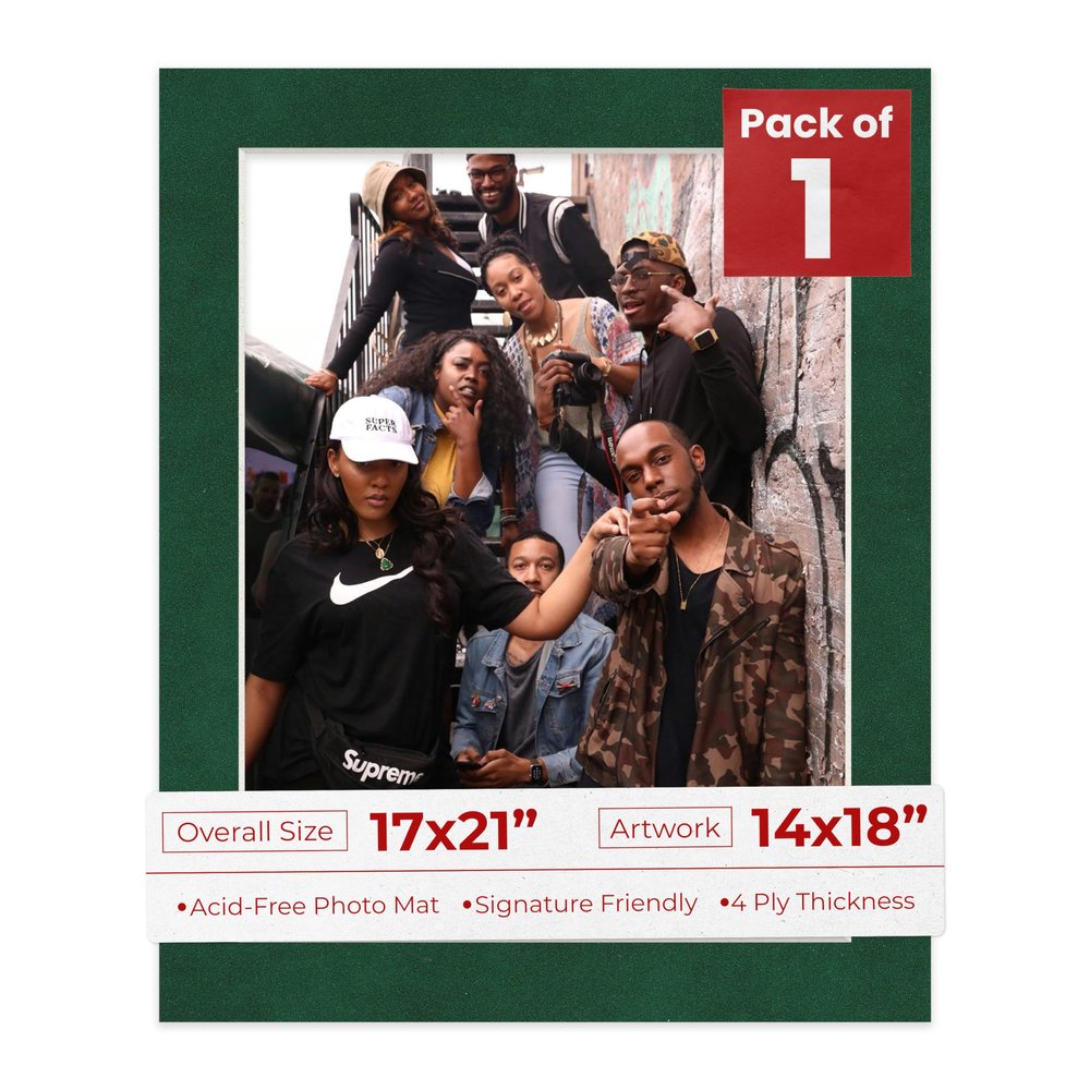 17x21 Mat Bevel Cut for 14x18 Photos - Acid Free Green Suede Precut Matboard With Backing Board and Crystal Clear, Self Seal Photo Mat Bag - For Pictures, Photos, Framing - 4-ply Thickness
