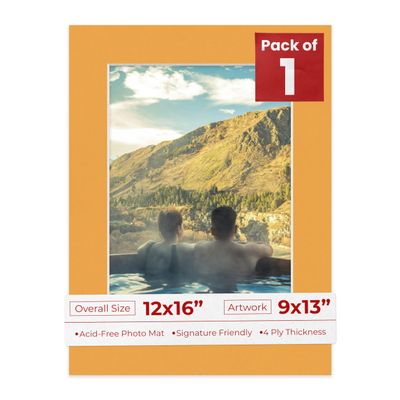 12x16 Mat Bevel Cut for 9x13 Photos - Acid Free Golden Orange Precut Matboard With Backing Board and Crystal Clear, Self Seal Photo Mat Bag - For Pictures, Photos, Framing - 4-ply Thickness