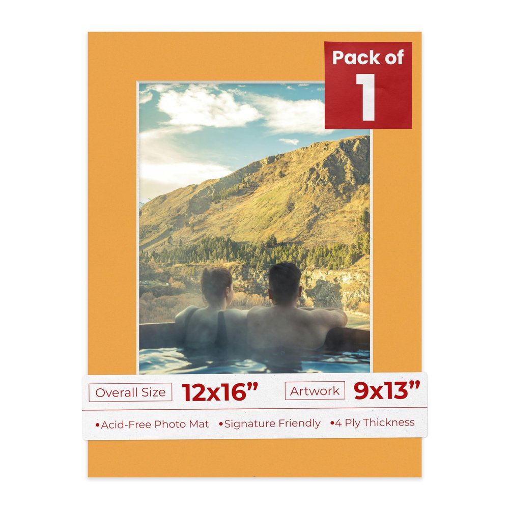 12x16 Mat Bevel Cut for 9x13 Photos - Acid Free Golden Orange Precut Matboard With Backing Board and Crystal Clear, Self Seal Photo Mat Bag - For Pictures, Photos, Framing - 4-ply Thickness
