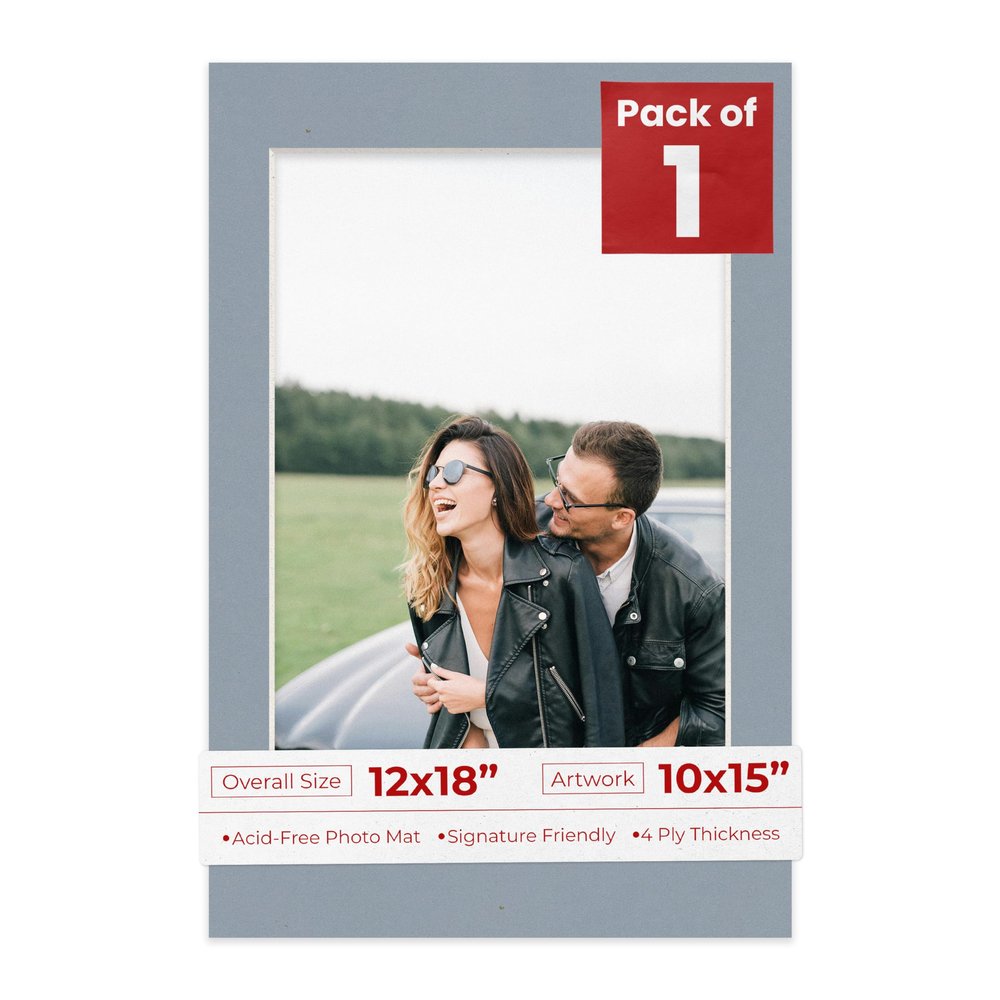 12x18 Mat Bevel Cut for 10x15 Photos - Acid Free Mid Grey Precut Matboard With Backing Board and Crystal Clear, Self Seal Photo Mat Bag - For Pictures, Photos, Framing - 4-ply Thickness