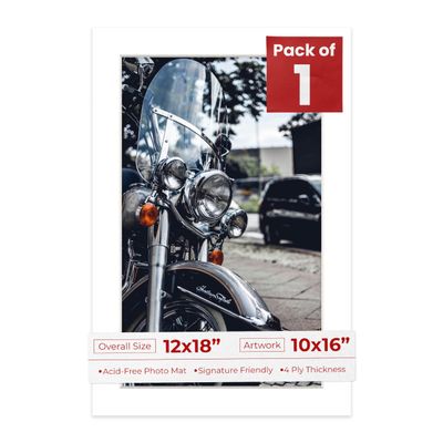 Poster Palooza 12x18 Mat Bevel Cut for 10x16 Photos - Acid Free White Precut Matboard with Backing Board and Crystal Clear, Self Seal Photo Mat Bag - for Pictures, Photos, Framing - 4-ply Thickness