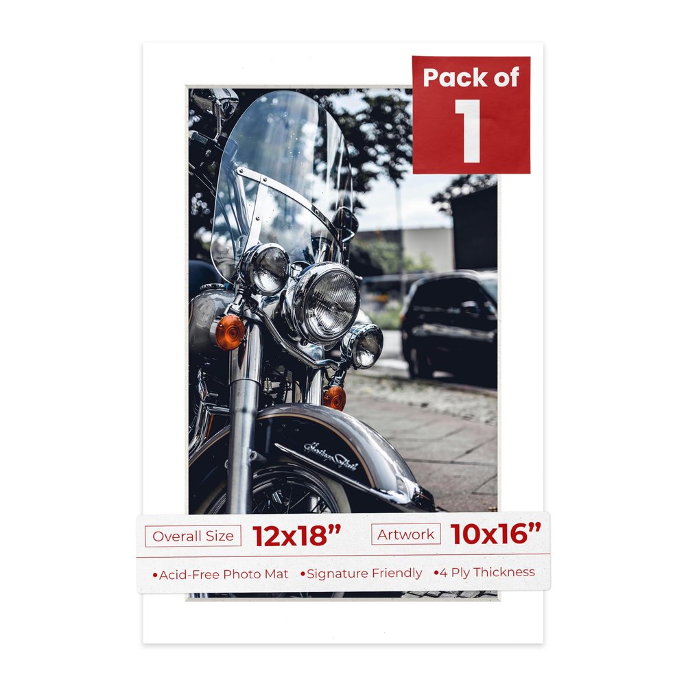 Poster Palooza 12x18 Mat Bevel Cut for 10x16 Photos - Acid Free White Precut Matboard with Backing Board and Crystal Clear, Self Seal Photo Mat Bag - for Pictures, Photos, Framing - 4-ply Thickness