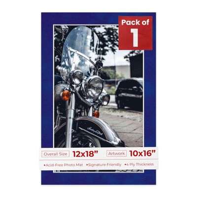12x18 Mat Bevel Cut for 10x16 Photos - Acid Free Royal Blue Suede Precut Matboard With Backing Board and Crystal Clear, Self Seal Photo Mat Bag - For Pictures, Photos, Framing - 4-ply Thickness