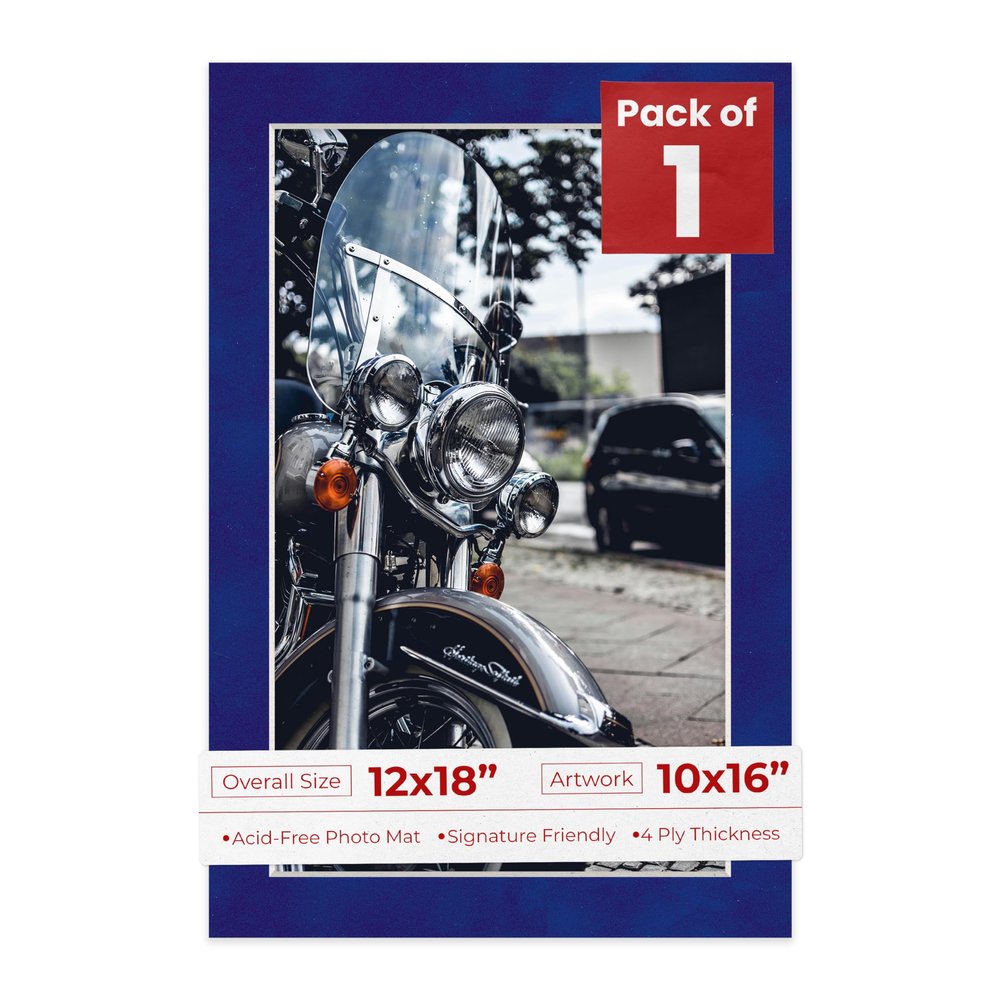 12x18 Mat Bevel Cut for 10x16 Photos - Acid Free Royal Blue Suede Precut Matboard With Backing Board and Crystal Clear, Self Seal Photo Mat Bag - For Pictures, Photos, Framing - 4-ply Thickness