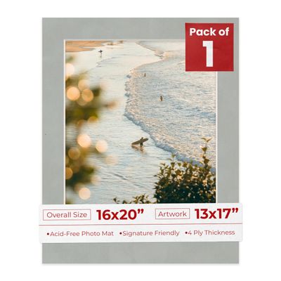 16x20 Mat Bevel Cut for 13x17 Photos - Acid Free Light Grey Suede Precut Matboard With Backing Board and Crystal Clear, Self Seal Photo Mat Bag - For Pictures, Photos, Framing - 4-ply Thickness