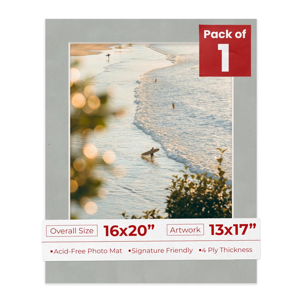 16x20 Mat Bevel Cut for 13x17 Photos - Acid Free Light Grey Suede Precut Matboard With Backing Board and Crystal Clear, Self Seal Photo Mat Bag - For Pictures, Photos, Framing - 4-ply Thickness