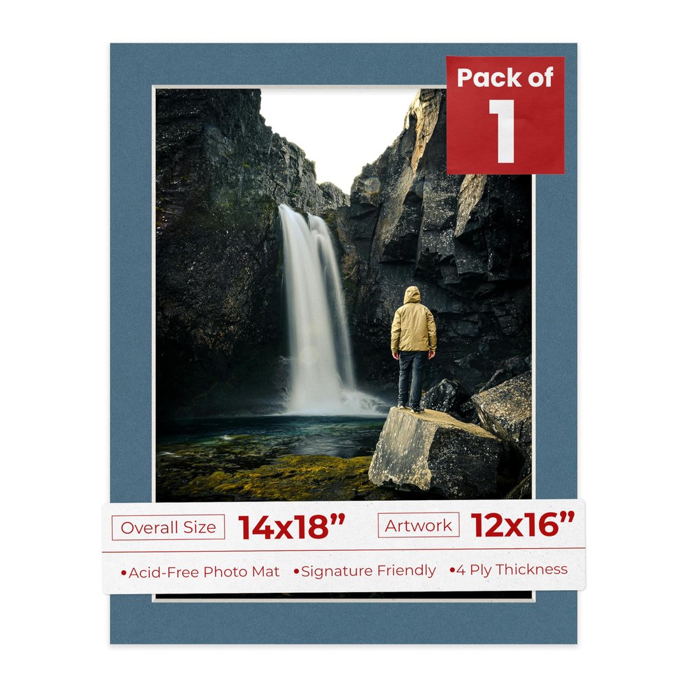Poster Palooza 14x18 Mat Bevel Cut for 12x16 Photos - Acid Free Steel Blue Precut Matboard - For Pictures, Photos, Framing - 4-ply Thickness