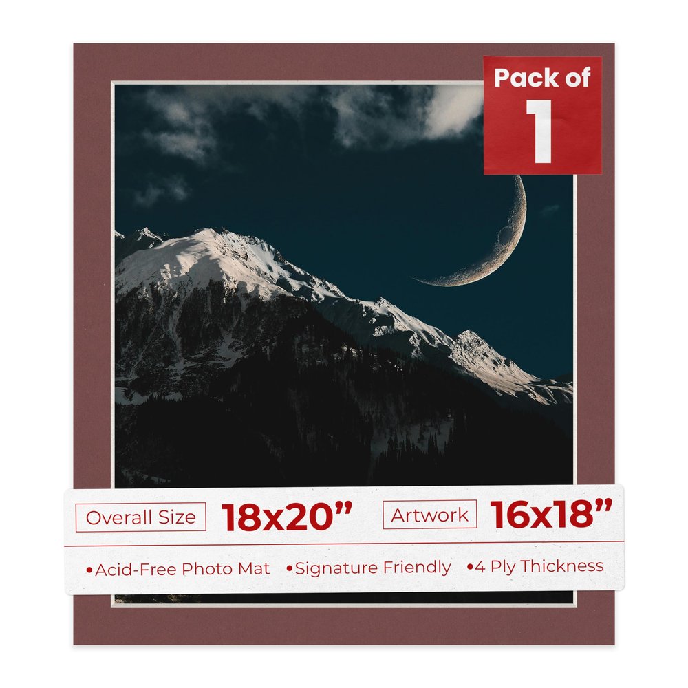18x20 Mat Bevel Cut for 16x18 Photos - Acid Free Maroon Red Precut Matboard With Backing Board and Crystal Clear, Self Seal Photo Mat Bag - For Pictures, Photos, Framing - 4-ply Thickness