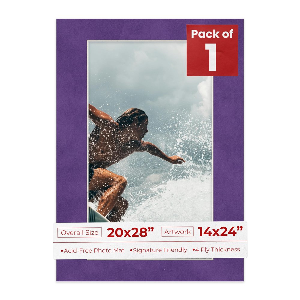 20x28 Mat Bevel Cut for 14x24 Photos - Acid Free Purple Crocus Suede Precut Matboard With Backing Board and Crystal Clear, Self Seal Photo Mat Bag - For Pictures, Photos, Framing - 4-ply Thickness