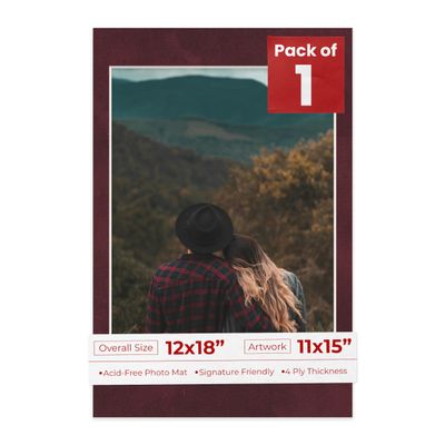 12x18 Mat Bevel Cut for 11x15 Photos - Acid Free Dark Red Suede Precut Matboard With Backing Board and Crystal Clear, Self Seal Photo Mat Bag - For Pictures, Photos, Framing - 4-ply Thickness