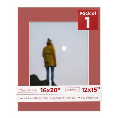 16x20 Mat Bevel Cut for 12x15 Photos - Acid Free Brick Red Precut Matboard With Backing Board and Crystal Clear, Self Seal Photo Mat Bag - For Pictures, Photos, Framing - 4-ply Thickness