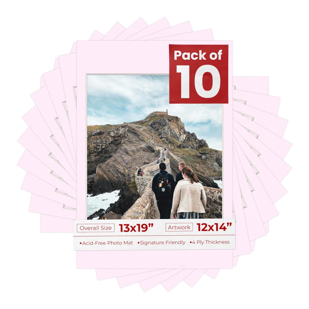 Poster Palooza Pack of TEN 13x19 Mats Bevel Cut for 12x14 Photos - Acid Free Soft Pink Precut Matboards For Pictures, Photos, Framing - 4-ply Thickness