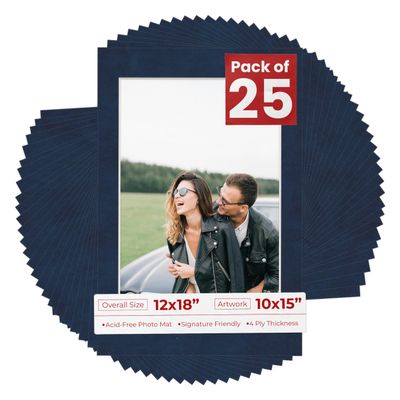 Poster Palooza Pack of 25 Acid Free 12x18 Mats Bevel Cut for 10x15 Photos - Navy Suede Precut Matboards For Pictures, Photos, Framing - 4-ply Thickness