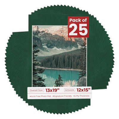 Poster Palooza Pack of 25 Acid Free 13x19 Mats Bevel Cut for 12x15 Photos - Green Suede Precut Matboards With Backing Boards and Clear Photo Mat Bags For Pictures, Photos, Framing - 4-ply Thickness