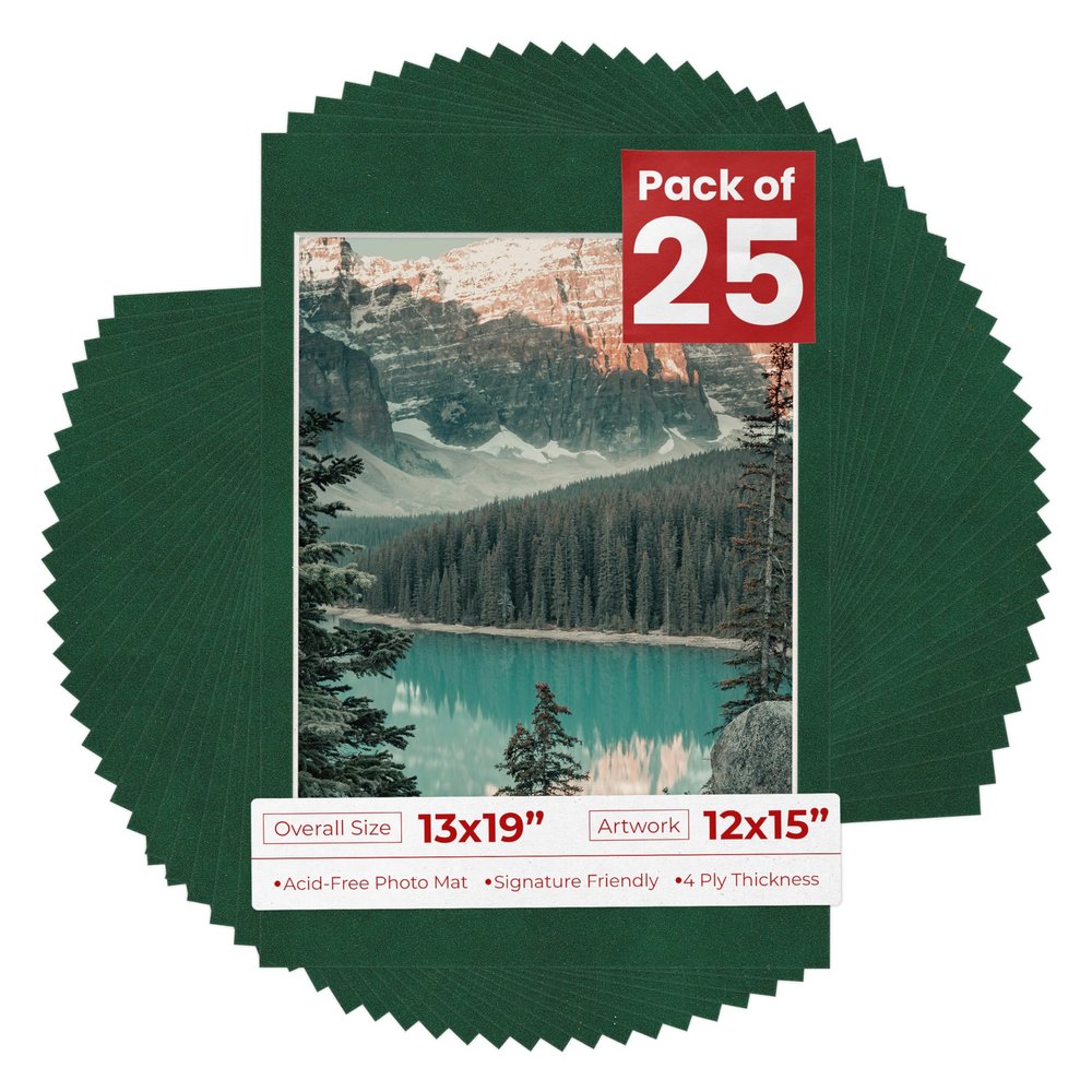 Poster Palooza Pack of 25 Acid Free 13x19 Mats Bevel Cut for 12x15 Photos - Green Suede Precut Matboards With Backing Boards and Clear Photo Mat Bags For Pictures, Photos, Framing - 4-ply Thickness