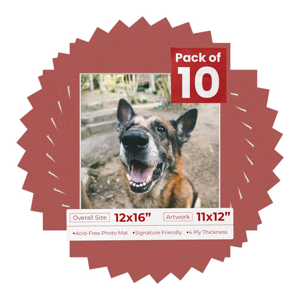 Pack of Ten Acid Free 12x16 Mats Bevel Cut for 11x12 Photos - Brick Red Precut Matboards With Backing Boards and Self Seal Photo Mat Bags For Pictures, Photos, Framing - 4-ply Thickness