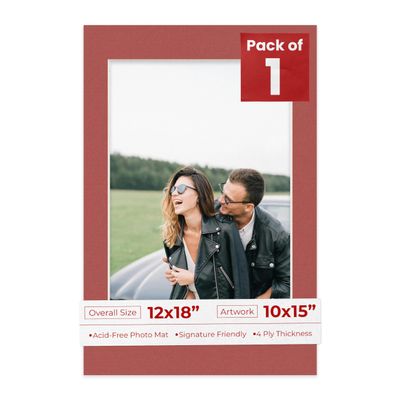 12x18 Mat Bevel Cut for 10x15 Photos - Acid Free Brick Red Precut Matboard With Backing Board and Crystal Clear, Self Seal Photo Mat Bag - For Pictures, Photos, Framing - 4-ply Thickness