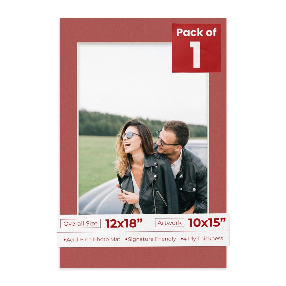 12x18 Mat Bevel Cut for 10x15 Photos - Acid Free Brick Red Precut Matboard With Backing Board and Crystal Clear, Self Seal Photo Mat Bag - For Pictures, Photos, Framing - 4-ply Thickness