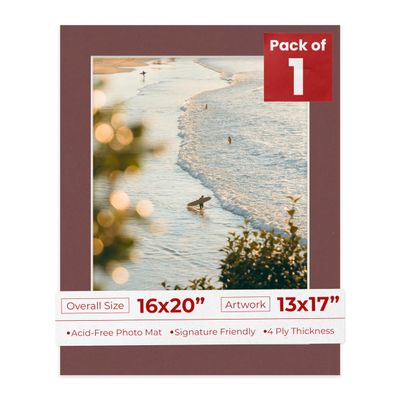 16x20 Mat Bevel Cut for 13x17 Photos - Acid Free Maroon Red Precut Matboard With Backing Board and Crystal Clear, Self Seal Photo Mat Bag - For Pictures, Photos, Framing - 4-ply Thickness