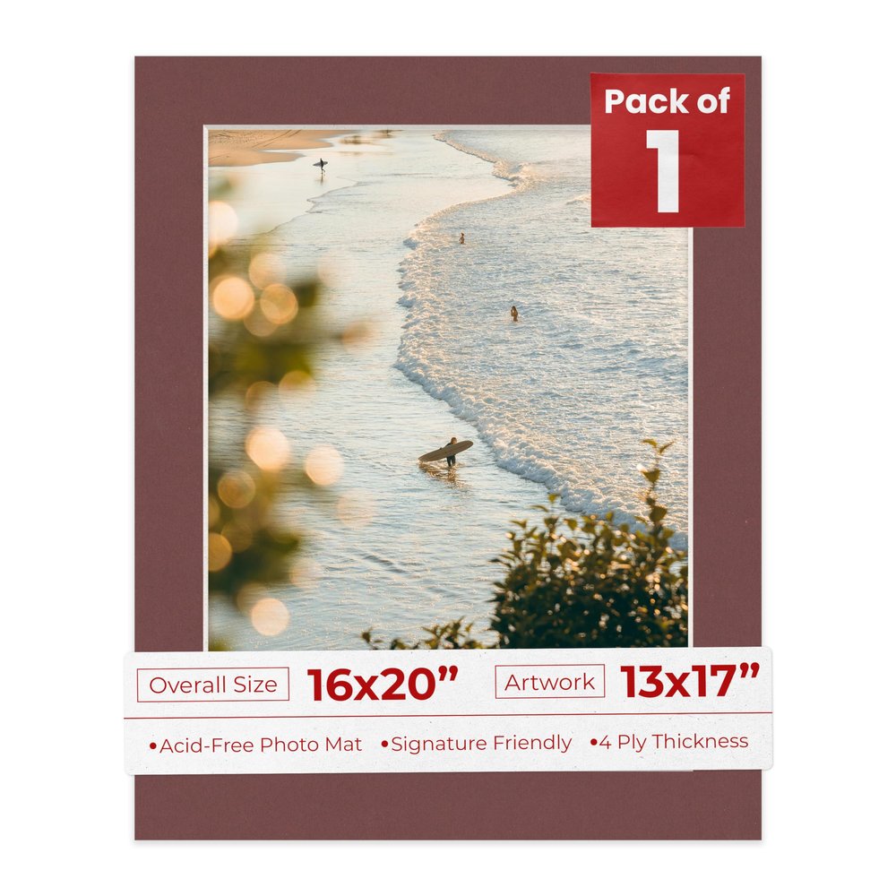 16x20 Mat Bevel Cut for 13x17 Photos - Acid Free Maroon Red Precut Matboard With Backing Board and Crystal Clear, Self Seal Photo Mat Bag - For Pictures, Photos, Framing - 4-ply Thickness