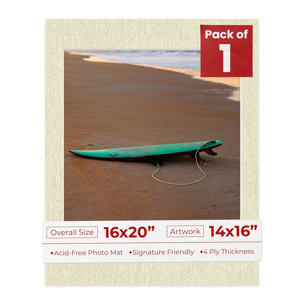 16x20 Mat Bevel Cut for 14x16 Photos - Acid Free Fresh Linen Canvas Precut Matboard With Backing Board and Crystal Clear, Self Seal Photo Mat Bag - For Pictures, Photos, Framing - 4-ply Thickness