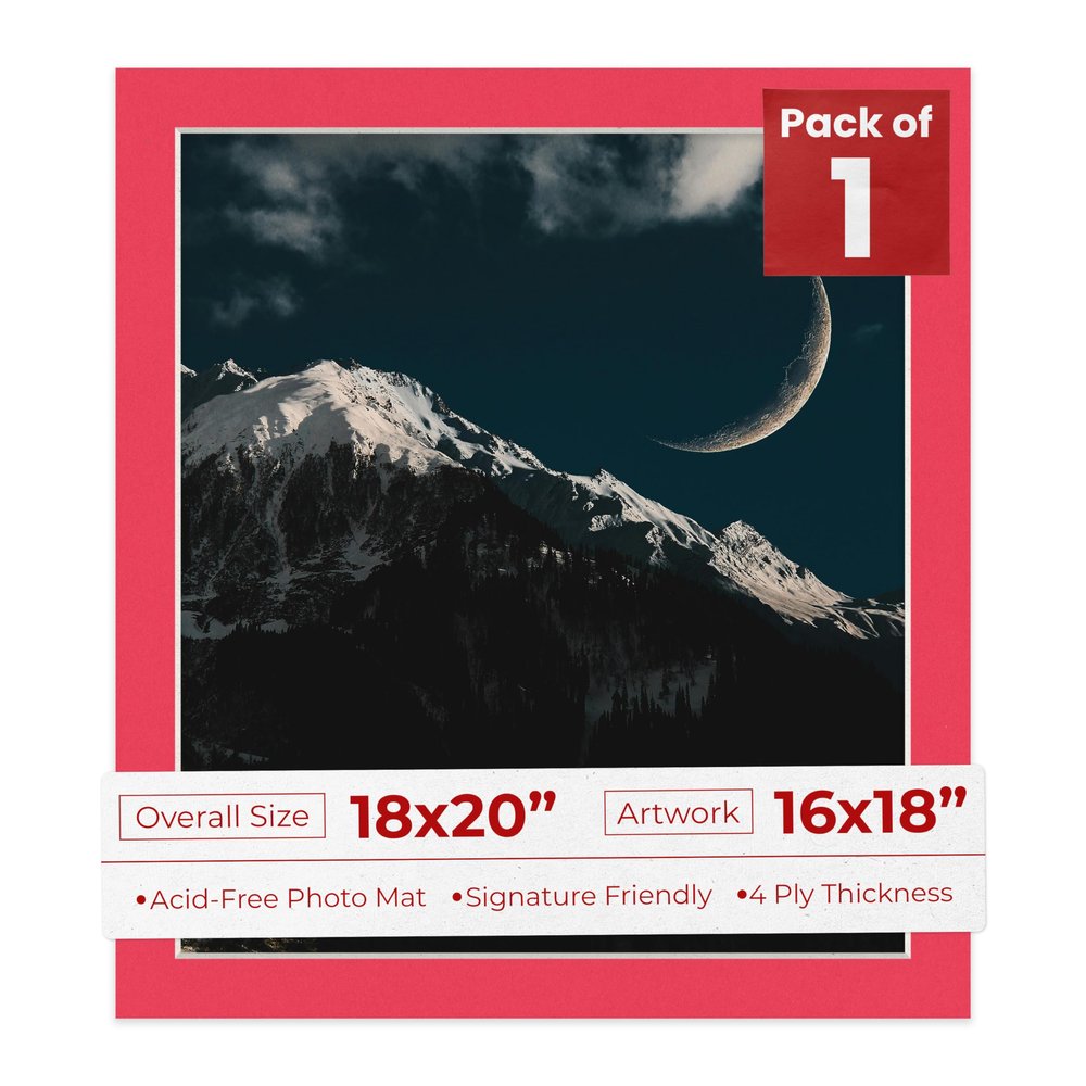 18x20 Mat Bevel Cut for 16x18 Photos - Acid Free Cardinal Red Precut Matboard With Backing Board and Crystal Clear, Self Seal Photo Mat Bag - For Pictures, Photos, Framing - 4-ply Thickness