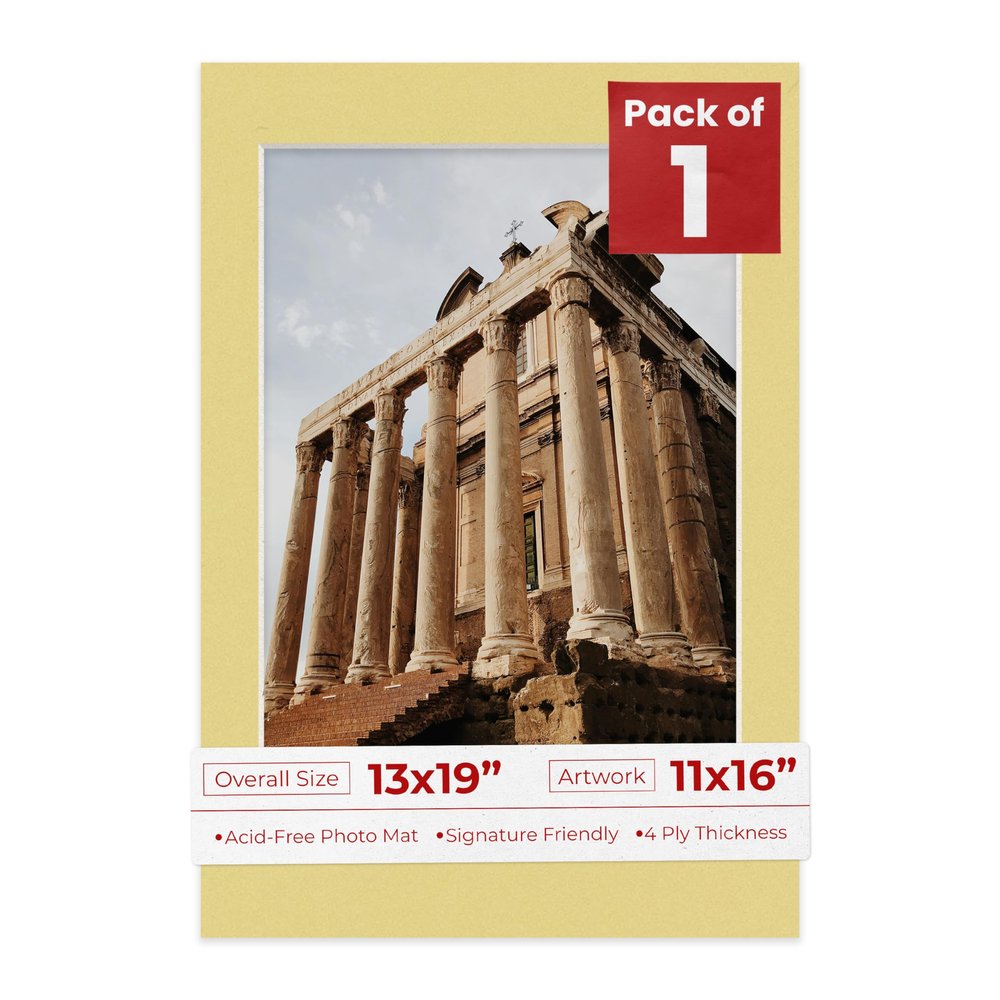 13x19 Mat Bevel Cut for 11x16 Photos - Acid Free Soft Yellow Precut Matboard With Backing Board and Crystal Clear, Self Seal Photo Mat Bag - For Pictures, Photos, Framing - 4-ply Thickness