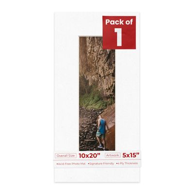 10x20 Mat Bevel Cut for 5x15 Photos - Acid Free White with Black Core Precut Matboard With Backing Board and Crystal Clear, Self Seal Photo Mat Bag - For Pictures, Photos, Framing - 4-ply Thickness