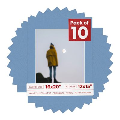 Pack of Ten Acid Free 16x20 Mats Bevel Cut for 12x15 Photos - Brittany Blue Precut Matboards with Backing Boards and Self Seal Photo Mat Bags for Pictures, Photos, Framing - 4-ply Thickness