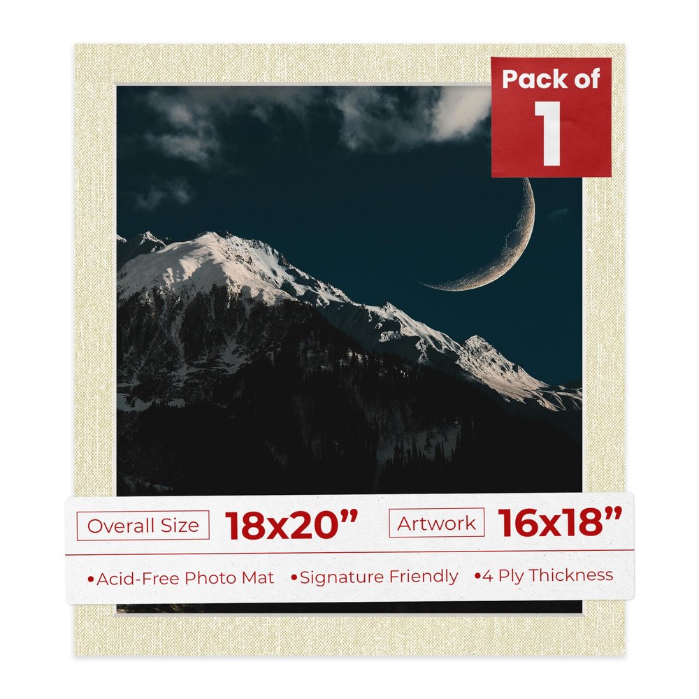 18x20 Mat Bevel Cut for 16x18 Photos - Acid Free Fresh Linen Canvas Precut Matboard With Backing Board and Crystal Clear, Self Seal Photo Mat Bag - For Pictures, Photos, Framing - 4-ply Thickness