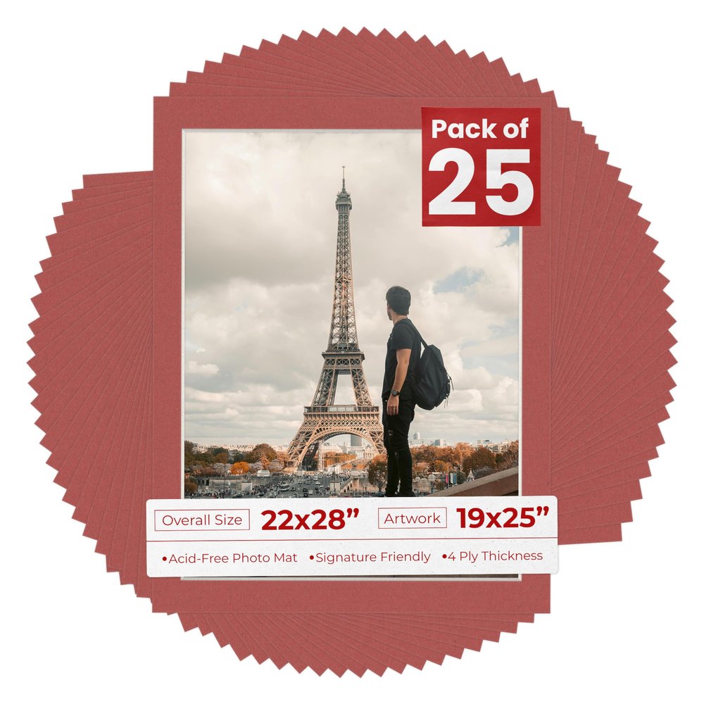 Poster Palooza Pack of 25 Acid Free 22x28 Mats Bevel Cut for 19x25 Photos - Brick Red Precut Matboards With Backing Boards and Clear Photo Mat Bags For Pictures, Photos, Framing - 4-ply Thickness
