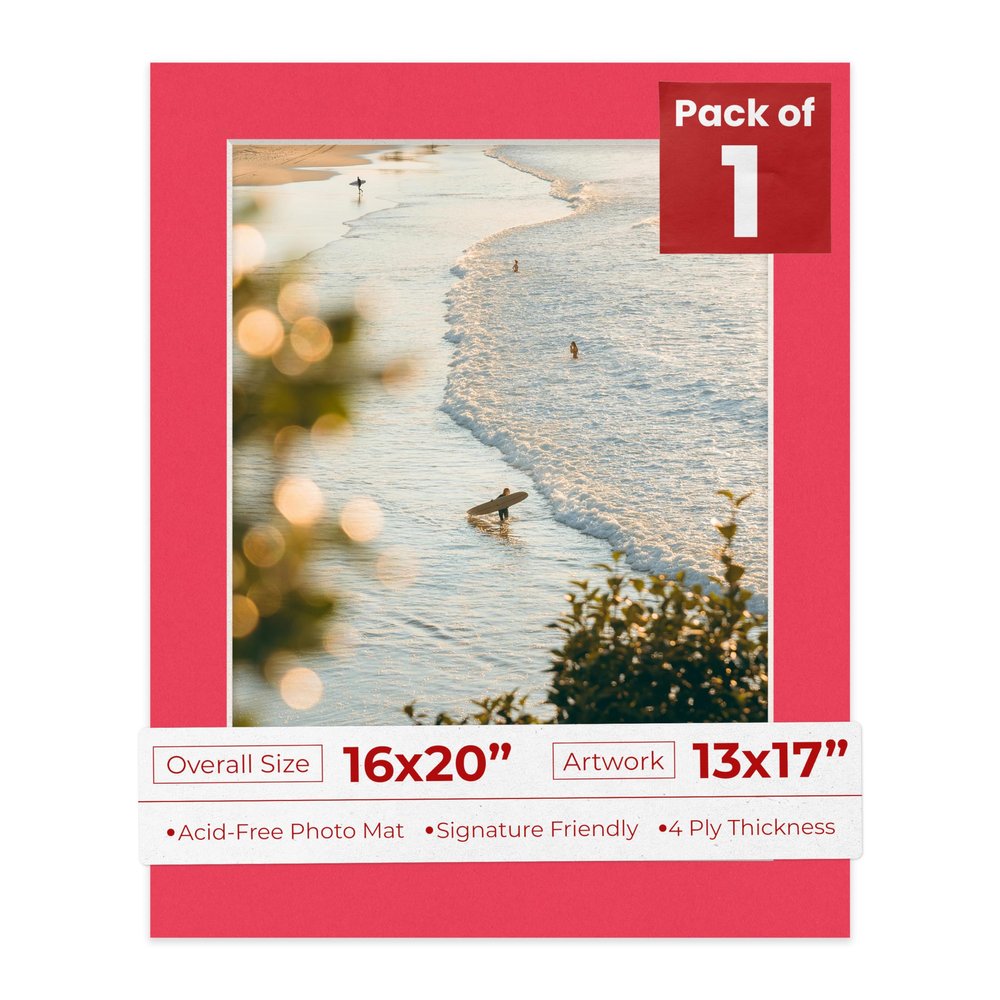 16x20 Mat Bevel Cut for 13x17 Photos - Acid Free Cardinal Red Precut Matboard With Backing Board and Crystal Clear, Self Seal Photo Mat Bag - For Pictures, Photos, Framing - 4-ply Thickness