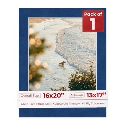 16x20 Mat Bevel Cut for 13x17 Photos - Acid Free Brooke Blue Suede Precut Matboard With Backing Board and Crystal Clear, Self Seal Photo Mat Bag - For Pictures, Photos, Framing - 4-ply Thickness