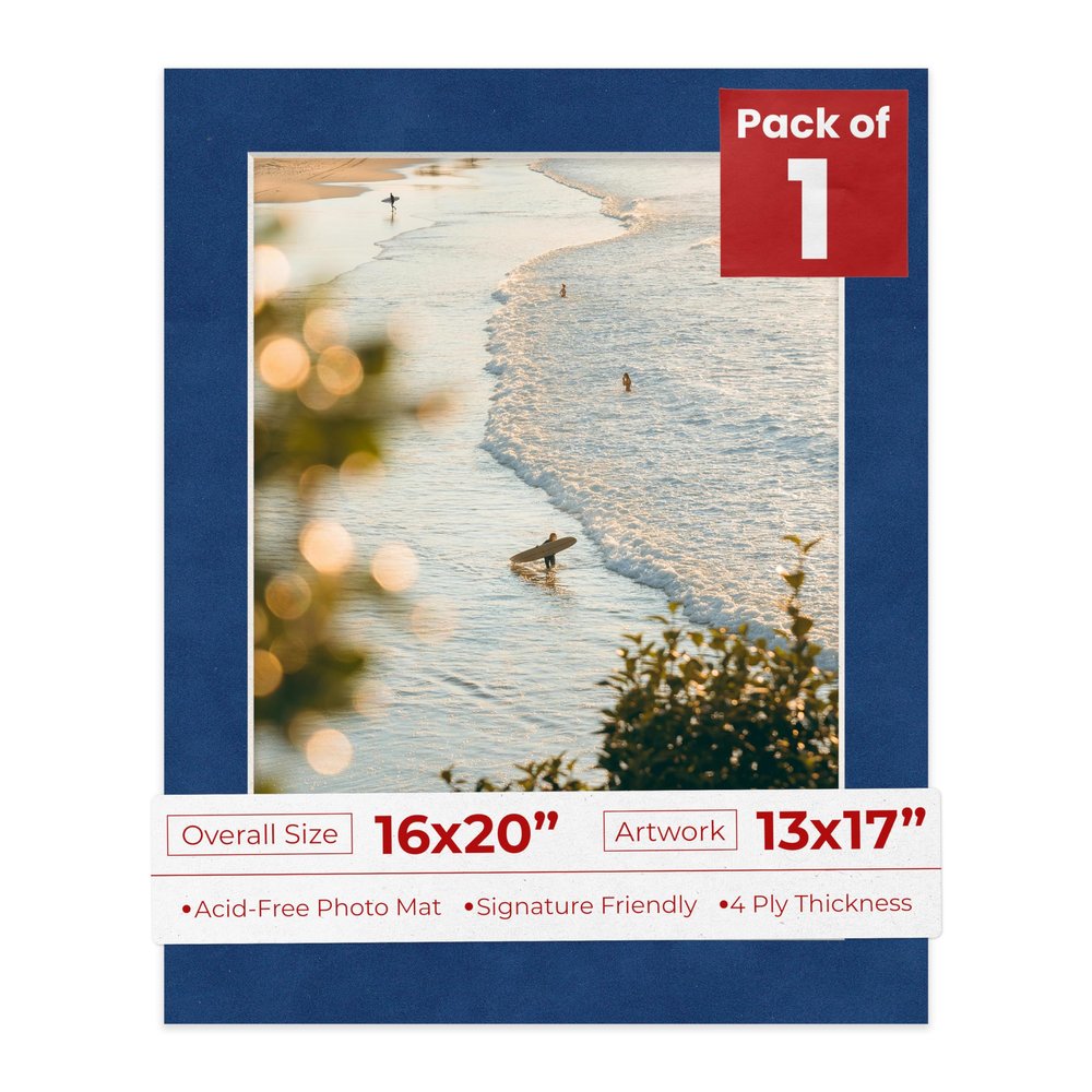 16x20 Mat Bevel Cut for 13x17 Photos - Acid Free Brooke Blue Suede Precut Matboard With Backing Board and Crystal Clear, Self Seal Photo Mat Bag - For Pictures, Photos, Framing - 4-ply Thickness