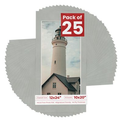 Pack of 25 Acid Free 12x24 Mats Bevel Cut for 10x20 Photos - Light Grey Suede Precut Matboards With Backing Boards and Clear Photo Mat Bags For Pictures, Photos, Framing - 4-ply Thickness