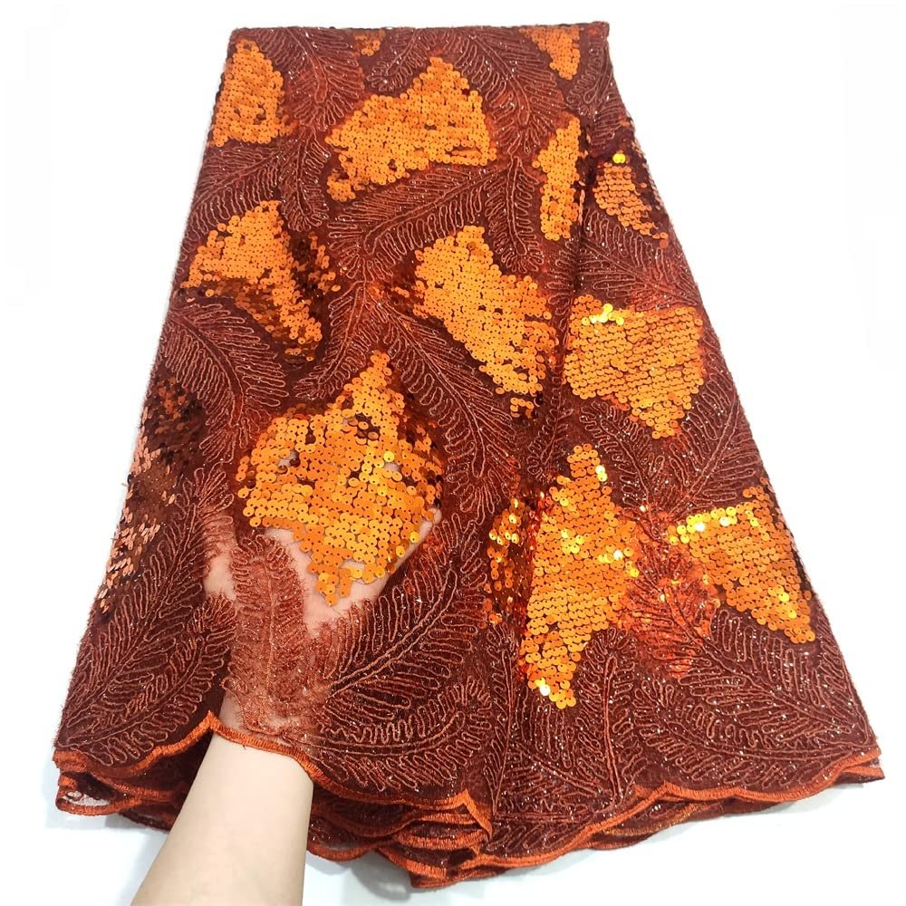 LadyQ New French African White Lace Fabric 2022 Cord Sequin Fabrics 5 Yards Material Nigeria Sequence Lace Fabric For Women Dress 664LD (Orange)