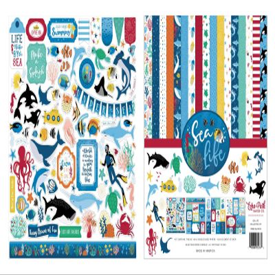 Echo Park Paper Collection Bundle: Sea Life 12 x 12 Collection Kit + Sea Life 12 x 12 Cardstock Elements Sticker Sheet