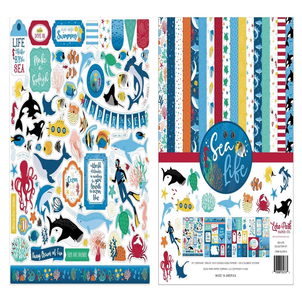 Echo Park Paper Collection Bundle: Sea Life 12 x 12 Collection Kit + Sea Life 12 x 12 Cardstock Elements Sticker Sheet