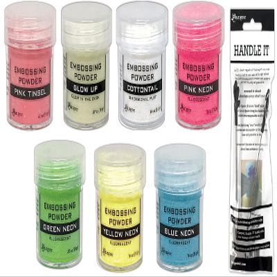 Ranger Ink Cardmaking: Heat Embossing - Pink Tinsel, Glow Up, Cottontail, Pink Neon, Green Neon, Yellow Neon, Blue Neon & Handle-It Tool - 8 Item Bundle
