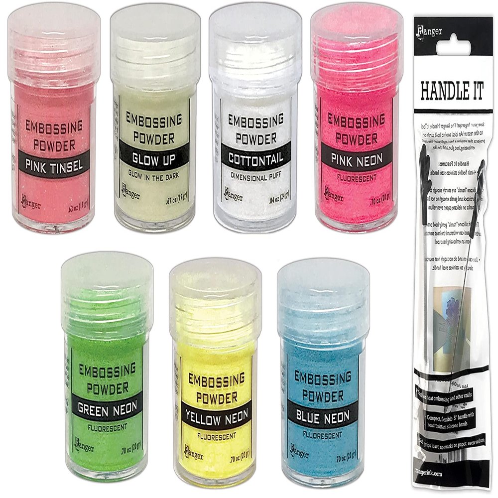Ranger Ink Cardmaking: Heat Embossing - Pink Tinsel, Glow Up, Cottontail, Pink Neon, Green Neon, Yellow Neon, Blue Neon & Handle-It Tool - 8 Item Bundle