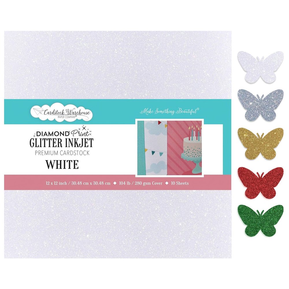 Cardstock Warehouse Diamond Print Inkjet Glitter - Premium White Glitter Cardstock Paper 10 Sheets, 12 x 12" - 104 lb/280 GSM for Inkjet Printing, Die-Cutting, Card Making, Crafts, and DIY Projects