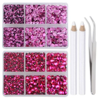 LPBeads 6400 Pieces Pink and Fuchsia Hotfix Rhinestones Flat Back 5 Mixed Sizes Crystal Round Glass Gems with Tweezers and Picking Rhinestones Pen