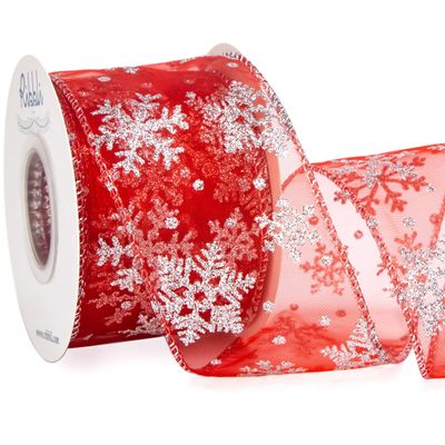 Ribbli Snowflake Glitter Wired Ribbon, Red Organza Sheer with Silver Glitter Snowflake Pattern and Iridescent Metallic Edge,2-1/2 Inch x 10Yards Christmas Ribbon for Tree Decoration