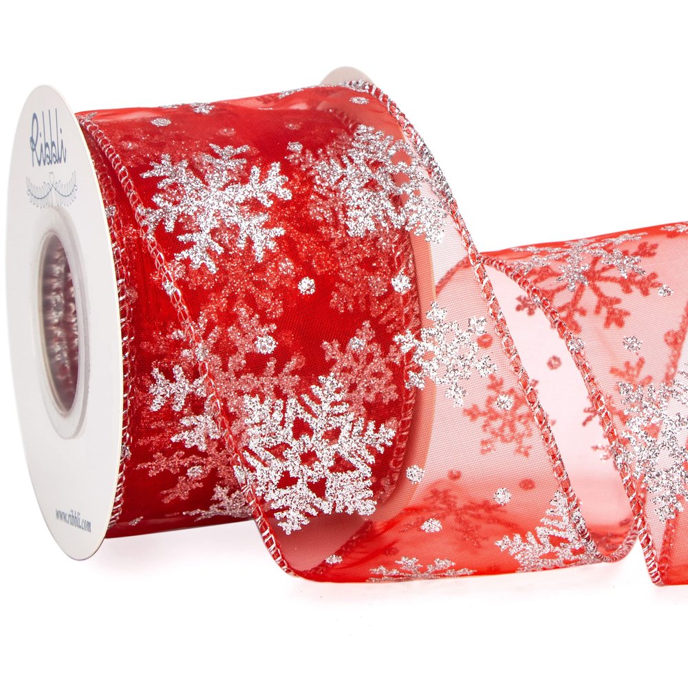 Ribbli Snowflake Glitter Wired Ribbon, Red Organza Sheer with Silver Glitter Snowflake Pattern and Iridescent Metallic Edge,2-1/2 Inch x 10Yards Christmas Ribbon for Tree Decoration