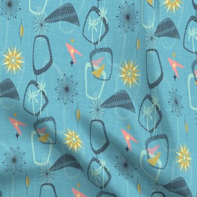 Spoonflower Fabric - Atomic Springs Pink Blue Yellow Retro Modern Gold Aqua Turqoise Printed on Denim Fabric Fat Quarter - Bottomweight Apparel Home Decor Upholstery