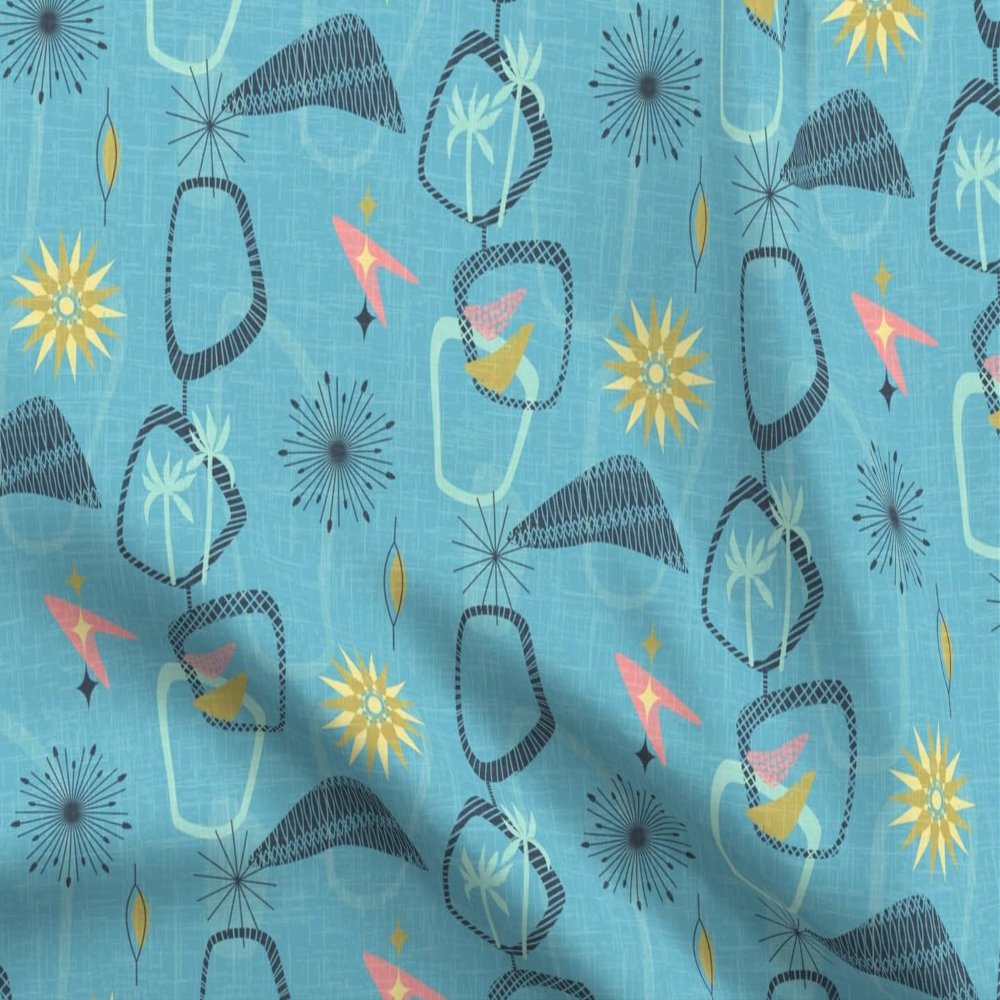 Spoonflower Fabric - Atomic Springs Pink Blue Yellow Retro Modern Gold Aqua Turqoise Printed on Denim Fabric Fat Quarter - Bottomweight Apparel Home Decor Upholstery