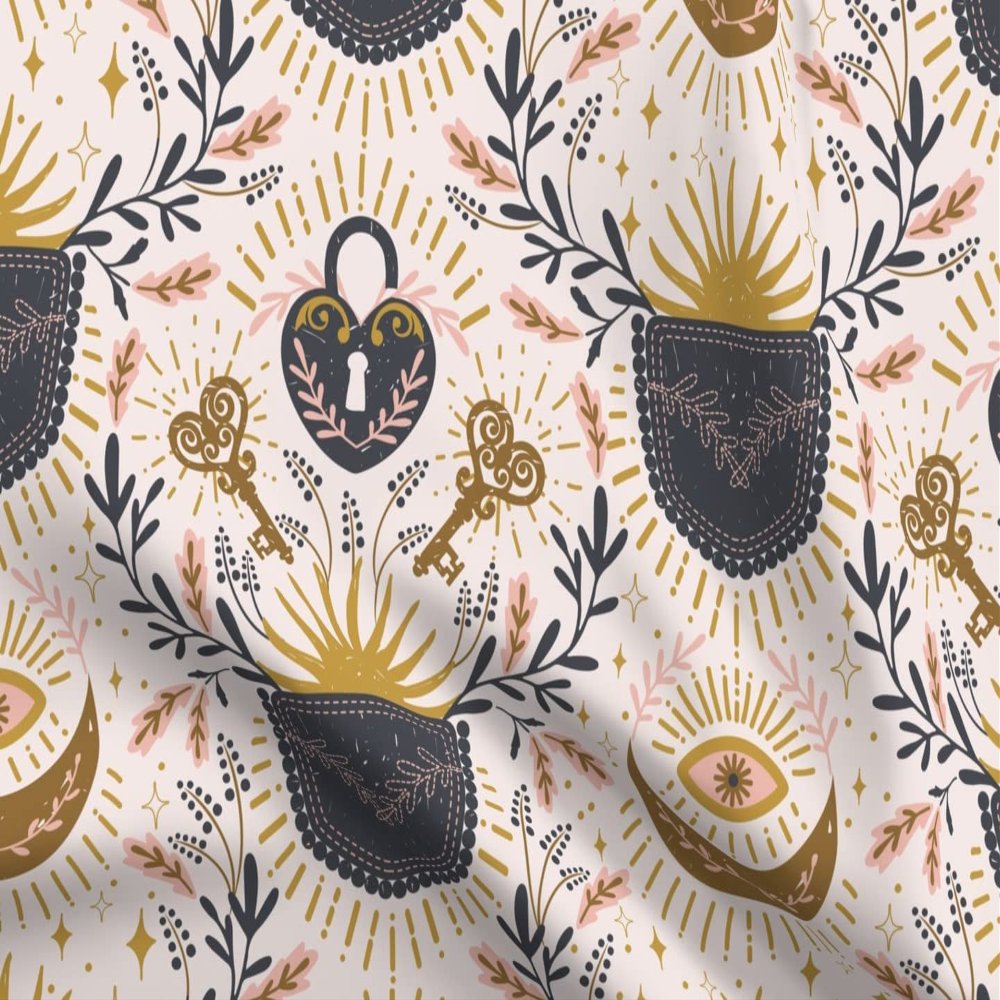 Spoonflower Fabric - Magic Pockets Beige Astrology Lunar Beige Denim Printed on Denim Fabric Fat Quarter - Bottomweight Apparel Home Decor Upholstery