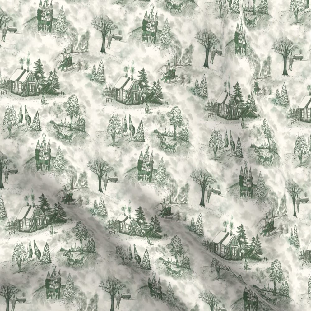 Spoonflower Fabric - Green Winter Christmas Gnomes Holidays Toile Printed on Organic Cotton Sateen Fabric Fat Quarter - Sewing Quilting Apparel Home Decor