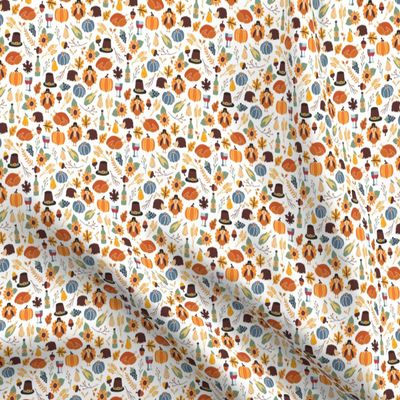 Spoonflower Fabric - Thanksgiving White Small Autumn Scale Turkey Pumpkins Face Printed on Denim Fabric Fat Quarter - Bottomweight Apparel Home Decor Upholstery