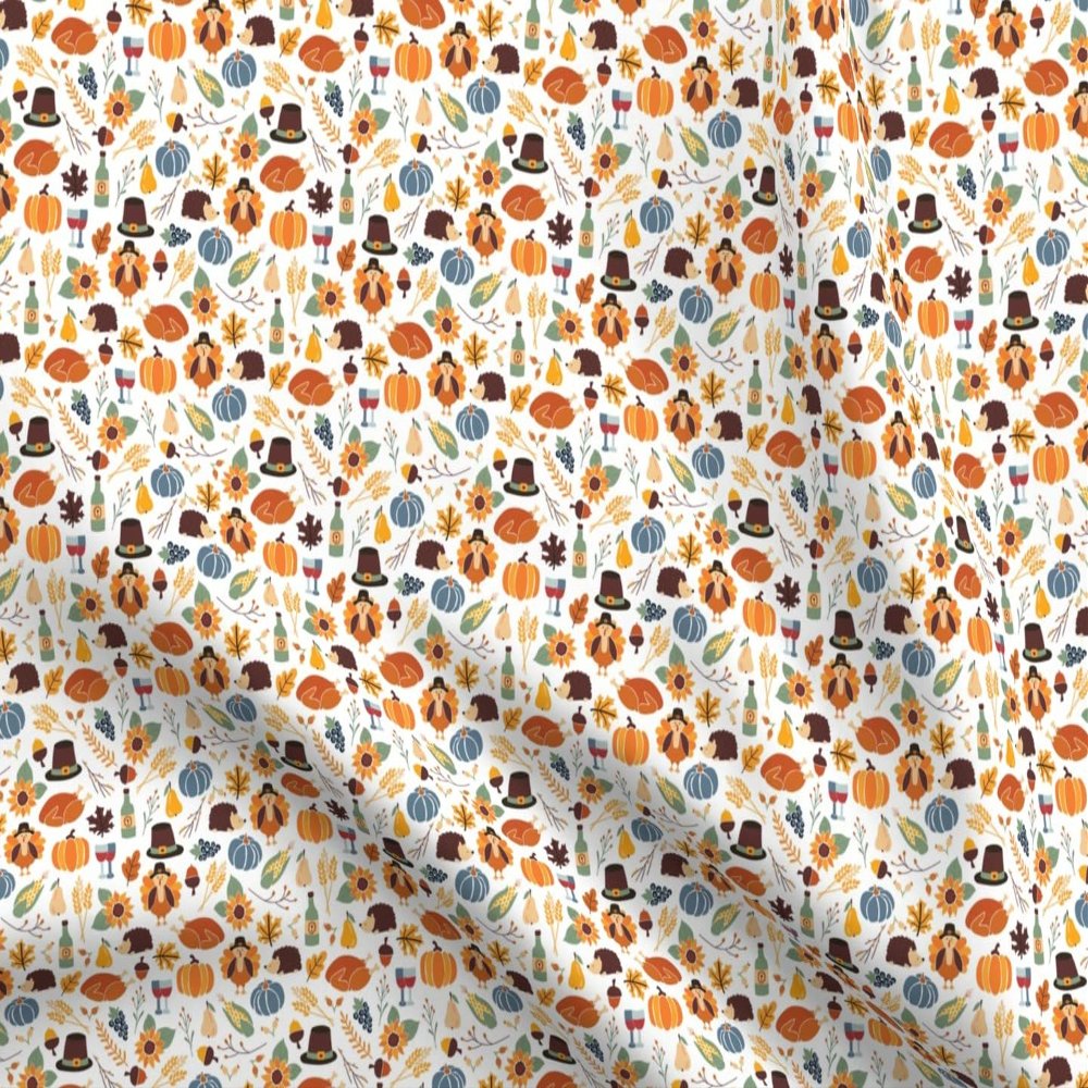 Spoonflower Fabric - Thanksgiving White Small Autumn Scale Turkey Pumpkins Face Printed on Denim Fabric Fat Quarter - Bottomweight Apparel Home Decor Upholstery